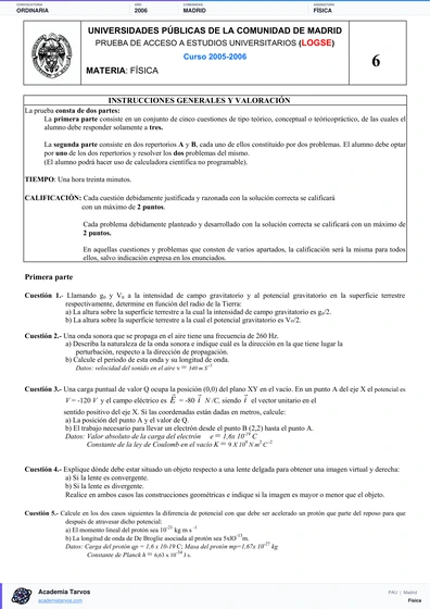 Vista previa de Examen PAU de Física de Comunidad de Madrid 2006 – Ordinaria