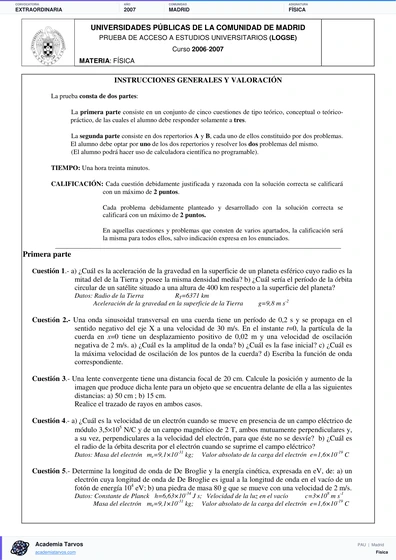 Vista previa de Examen PAU de Física de Comunidad de Madrid 2007 – Extraordinaria