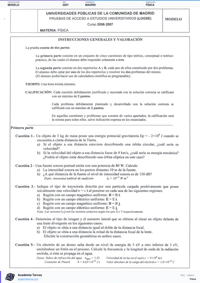 Vista previa de Modelo PAU de Física de Comunidad de Madrid 2007