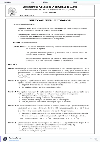 Vista previa de Examen PAU de Física de Comunidad de Madrid 2007 – Ordinaria