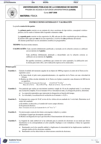Vista previa de Examen PAU de Física de Comunidad de Madrid 2008 – Extraordinaria