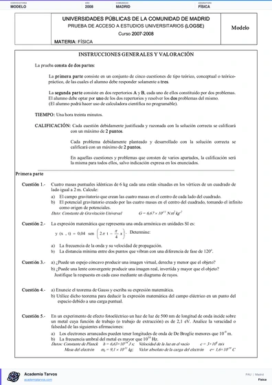 Vista previa de Modelo PAU de Física de Comunidad de Madrid 2008