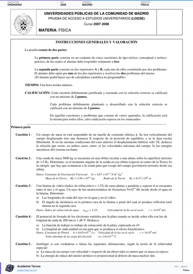 Vista previa de Examen PAU de Física de Comunidad de Madrid 2008 – Ordinaria