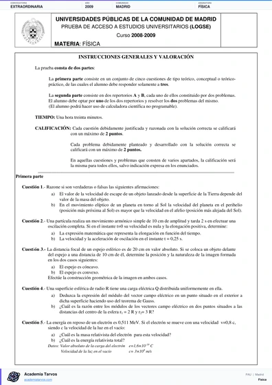 Vista previa de Examen PAU de Física de Comunidad de Madrid 2009 – Extraordinaria