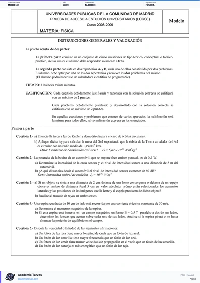 Vista previa de Modelo PAU de Física de Comunidad de Madrid 2009