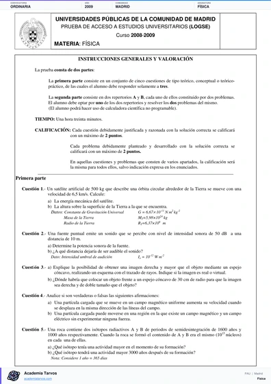 Vista previa de Examen PAU de Física de Comunidad de Madrid 2009 – Ordinaria