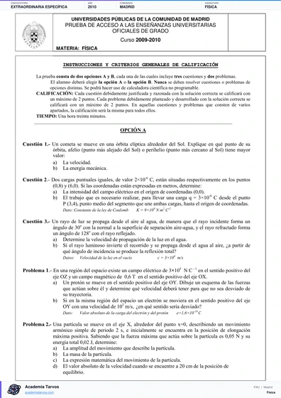 Vista previa de Examen PAU de Física de Comunidad de Madrid 2010 – Extraordinaria Específica