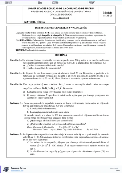 Vista previa de Modelo PAU de Física de Comunidad de Madrid 2010