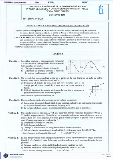 Vista previa de Examen PAU de Física de Comunidad de Madrid 2010 – Ordinaria   Coincidencias