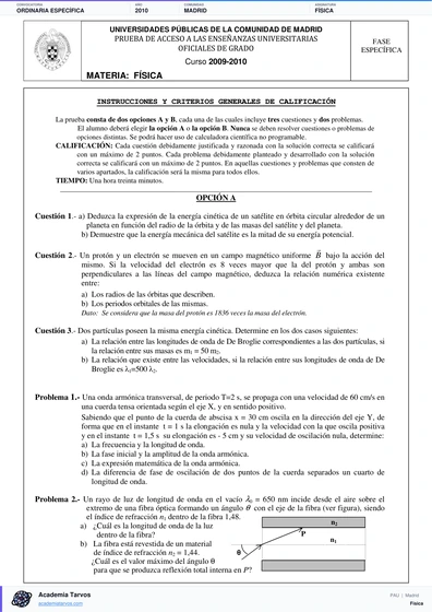 Vista previa de Examen PAU de Física de Comunidad de Madrid 2010 – Ordinaria Específica