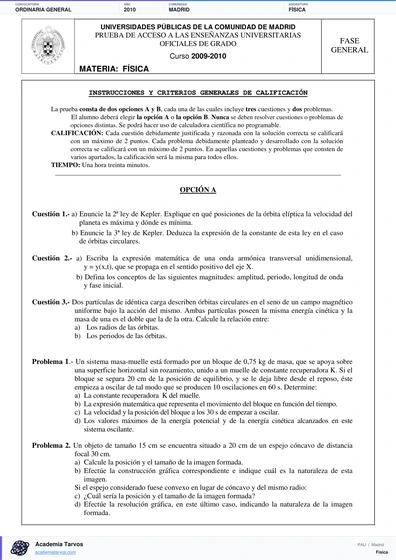 Vista previa de Examen PAU de Física de Comunidad de Madrid 2010 – Ordinaria General