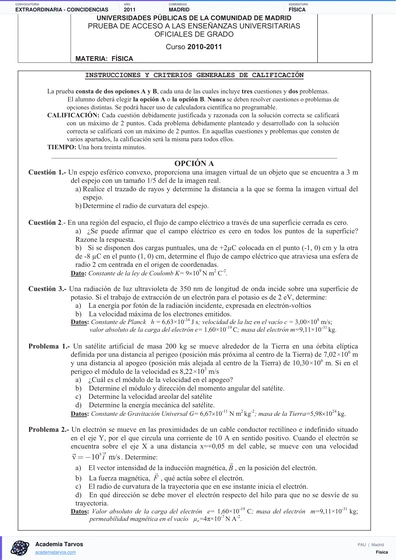 Vista previa de Examen PAU de Física de Comunidad de Madrid 2011 – Extraordinaria   Coincidencias