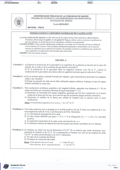 Vista previa de Examen PAU de Física de Comunidad de Madrid 2011 – Extraordinaria