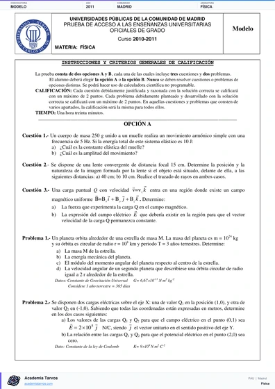 Vista previa de Modelo PAU de Física de Comunidad de Madrid 2011
