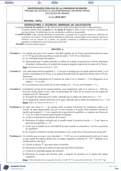 Vista previa de Examen PAU de Física de Comunidad de Madrid 2011 – Ordinaria