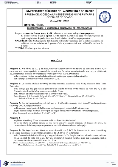 Vista previa de Examen PAU de Física de Comunidad de Madrid 2012 – Extraordinaria