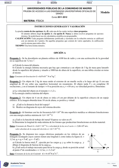 Vista previa de Modelo PAU de Física de Comunidad de Madrid 2012