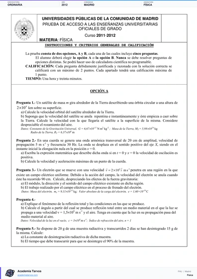 Vista previa de Examen PAU de Física de Comunidad de Madrid 2012 – Ordinaria