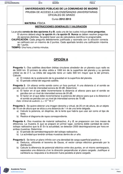 Vista previa de Examen PAU de Física de Comunidad de Madrid 2013 – Extraordinaria