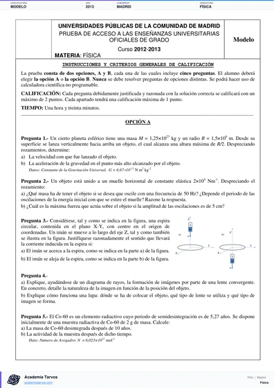 Vista previa de Modelo PAU de Física de Comunidad de Madrid 2013
