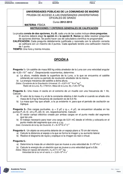 Vista previa de Examen PAU de Física de Comunidad de Madrid 2013 – Ordinaria   Coincidencias