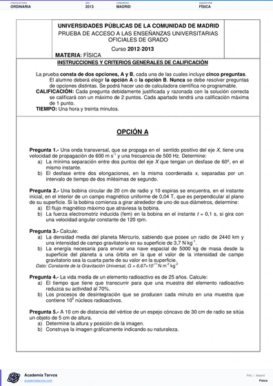 Vista previa de Examen PAU de Física de Comunidad de Madrid 2013 – Ordinaria