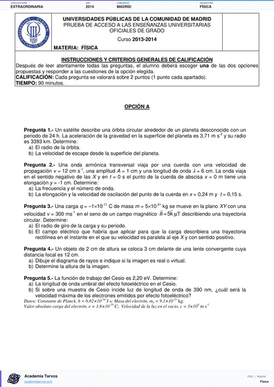 Vista previa de Examen PAU de Física de Comunidad de Madrid 2014 – Extraordinaria