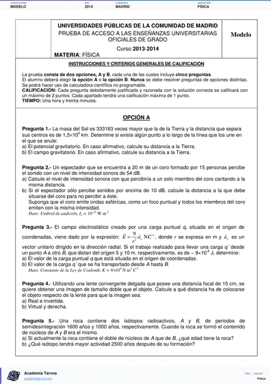 Vista previa de Modelo PAU de Física de Comunidad de Madrid 2014