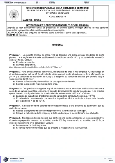 Vista previa de Examen PAU de Física de Comunidad de Madrid 2014 – Ordinaria   Coincidencias