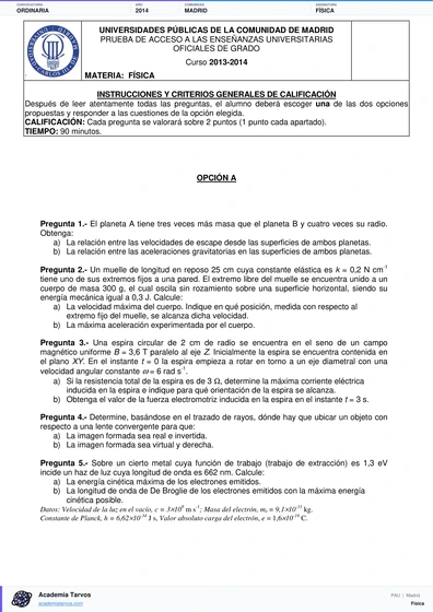 Vista previa de Examen PAU de Física de Comunidad de Madrid 2014 – Ordinaria