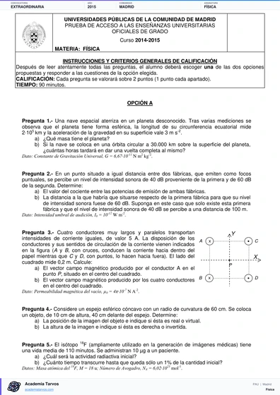 Vista previa de Examen PAU de Física de Comunidad de Madrid 2015 – Extraordinaria