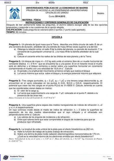 Vista previa de Modelo PAU de Física de Comunidad de Madrid 2015