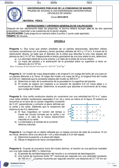 Vista previa de Examen PAU de Física de Comunidad de Madrid 2015 – Ordinaria
