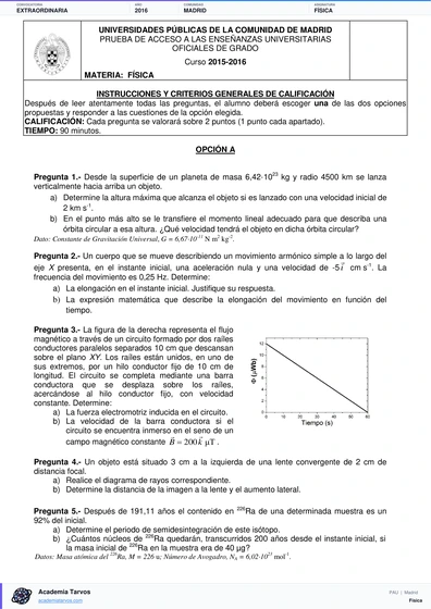 Vista previa de Examen PAU de Física de Comunidad de Madrid 2016 – Extraordinaria