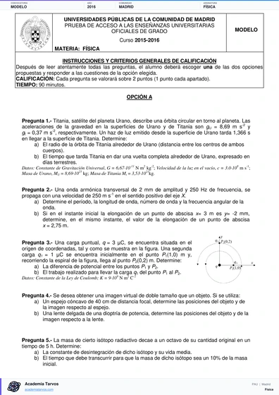 Vista previa de Modelo PAU de Física de Comunidad de Madrid 2016