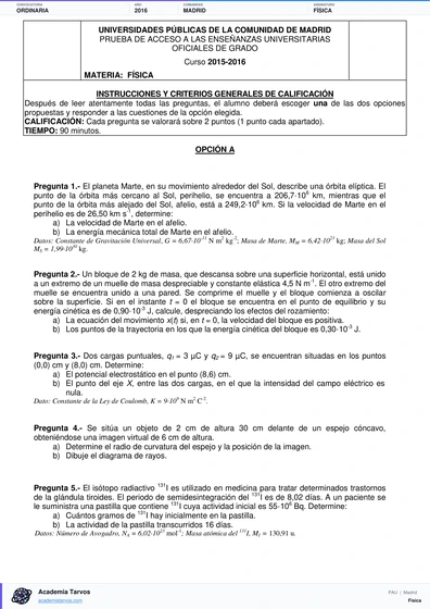 Vista previa de Examen PAU de Física de Comunidad de Madrid 2016 – Ordinaria