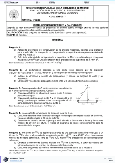 Vista previa de Examen PAU de Física de Comunidad de Madrid 2017 – Extraordinaria