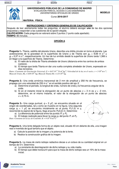 Vista previa de Modelo PAU de Física de Comunidad de Madrid 2017