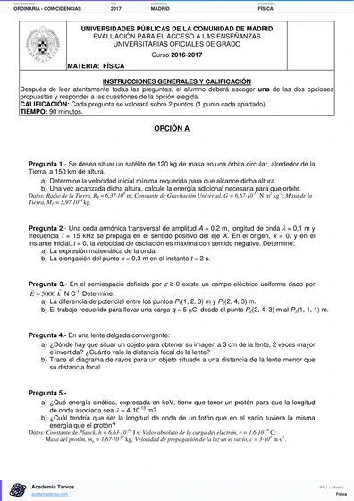 Vista previa de Examen PAU de Física de Comunidad de Madrid 2017 – Ordinaria   Coincidencias