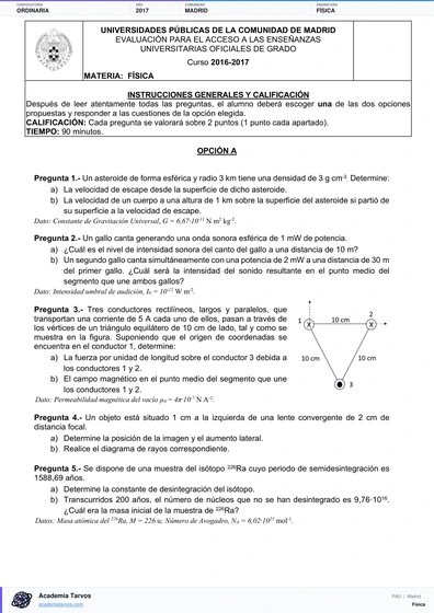 Vista previa de Examen PAU de Física de Comunidad de Madrid 2017 – Ordinaria