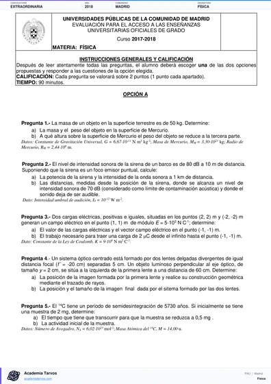 Vista previa de Examen PAU de Física de Comunidad de Madrid 2018 – Extraordinaria