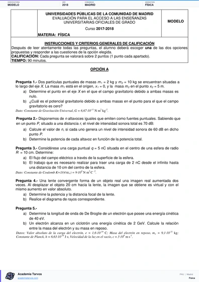 Vista previa de Modelo PAU de Física de Comunidad de Madrid 2018