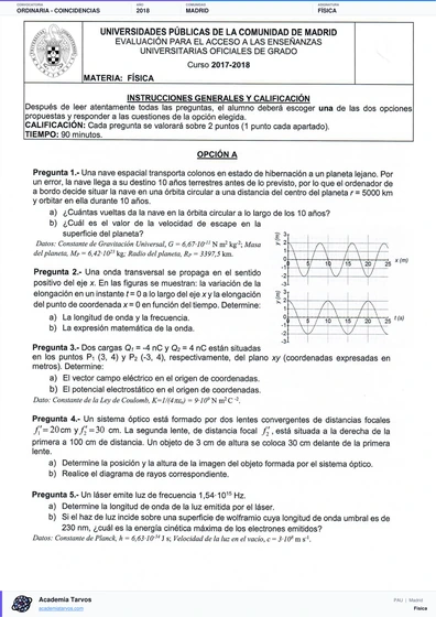 Vista previa de Examen PAU de Física de Comunidad de Madrid 2018 – Ordinaria   Coincidencias