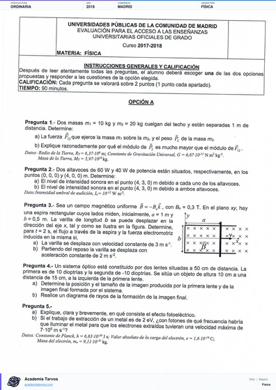 Vista previa de Examen PAU de Física de Comunidad de Madrid 2018 – Ordinaria