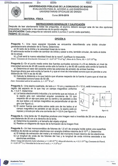 Vista previa de Examen PAU de Física de Comunidad de Madrid 2019 – Extraordinaria   Coincidencias