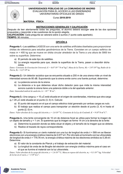 Vista previa de Examen PAU de Física de Comunidad de Madrid 2019 – Extraordinaria