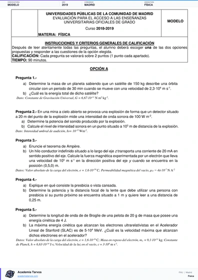 Vista previa de Modelo PAU de Física de Comunidad de Madrid 2019