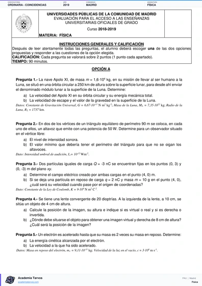 Vista previa de Examen PAU de Física de Comunidad de Madrid 2019 – Ordinaria   Coincidencias