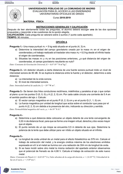 Vista previa de Examen PAU de Física de Comunidad de Madrid 2019 – Ordinaria