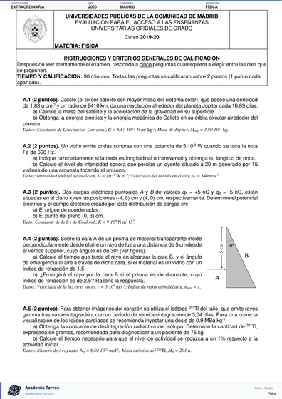 Vista previa de Examen PAU de Física de Comunidad de Madrid 2020 – Extraordinaria